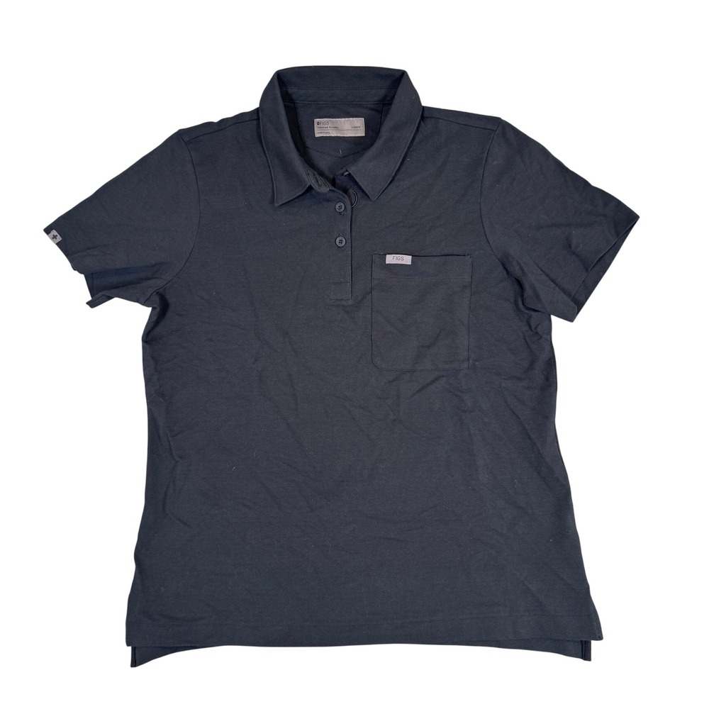 FIGS Tailored Scrubs Black Pique Polo Shirt Short Sleeve Chest Pocket Large